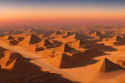 An ancient Egypt city with a lot of houses at sunrise with 2 pyramids in the background, by matthieu lauffray, beautiful Egyptian temples, stunning environment, perfect composition, oil on canvas, super highly detailed, wide-angle, diffused lighting,8 k Uhd