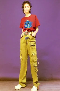 year 1998 denim fashion. Loose, baggy, low waist Combat pants and t-shirt. Colors: denim blue, blue, purple, cream, khaki, light green, lilac, plum, orange, terracotta, red, light yellow, lion yellow, pink, dark blue, beige. Lynx-pattern, Sturnus vulgaris-print. wide belt. Partly latex or leather. Kylie Minogue, Tyra Banks. leg warmer. Cargo pants and hoodie!