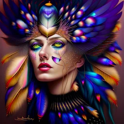 #Leonardai Starling , photorealistic ,pop surreal , lowbrow art ,enchanting portrait of a beautiful mature woman,representing a starling , feathers in her hair ,black and vibrant colors , sweet , magical , cosy warm light , whimsical, alluring , dazzling ,, expressive