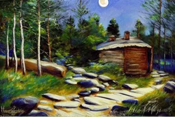 Night, moon, cabin, rocks, pathway, trees, grass, lesser ury impressionism painting