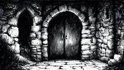 dark sketch of views of a rustic style scary dark entrance with closed stoney door of an old castle