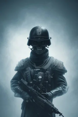 All Black German soldier, high tech skull special forces helmet, platinum helmet, white smoke, dark, rage, sorrow, high definition, ultra 8 k, volumetric lighting, blue fire, fog