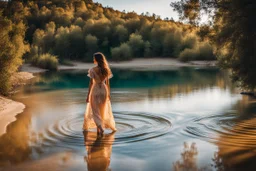 beautiful girl in pretty dress walking in water toward camera in trees next to wavy river with clear water and nice sands in floor.camera capture from her full body front