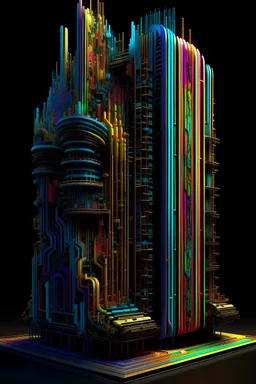a multicolored computer tower on a black background, an abstract sculpture, polycount contest winner, generative art, 1 6 6 7. mandelbulb 3 d, 8 k vertical wallpaper, cellular automata, multi-layered artworks, totem 2, 1 2 - bit, hyperrealistic symmetrical 8k, generative designpostprocessed