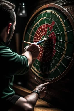 A Player shoot darts on a board