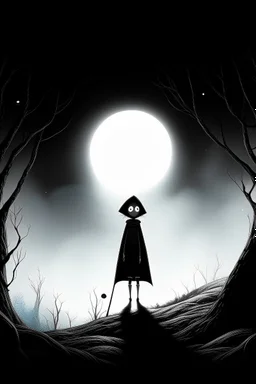 scene, black and white, forest fog, superbig full moon, moon is a center of image, tim burton character, creature with cape and hood, figure stand up on spiral rock, face evil angry , super big eyes, circles eyes, super hero
