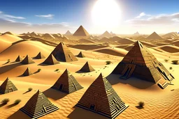 A desert in sunlight with pyramids and temples with clocks on them designed in Kuna Molas