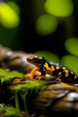 baby fire salamander in a burning log in the forest