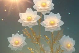  white and gold crystal subtle flower in a galactic ambiance, transparent petals, delicate colors, in the foreground, full of details, smooth, bright sunshine，soft light atmosphere, light effect，vaporwave colorful, concept art, smooth, extremely sharp detail, finely tuned detail, ultra high definition, 8 k, unreal engine 5, ultra sharp focus