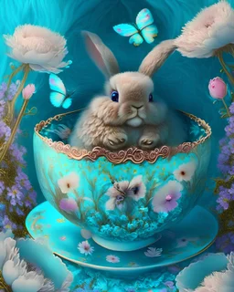 An extremley cute fluffy bunny entrapped in an ornamented tea cup, fantasy, soft turquoise, flowers, butterflies, inpaint nice fantasy background