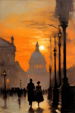 Sunset, city, cyberpunk influence, alfred stevens impressionism painting