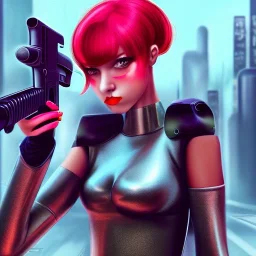 princess girl pointing gun, cute, metal skin, neon eyes, red lips, on her kee, menacing, cyberpunk city in background, realistic, 4k