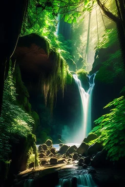 An enchanting forest scene with a magnificent waterfall cascading down a cliff, surrounded by vibrant foliage in various shades of green, sunlight filtering through the canopy above, creating a play of light and shadows, capturing the ethereal beauty of nature, Photography, DSLR camera with a wide-angle lens, f/2.8 aperture, --ar 16:9 --v 5