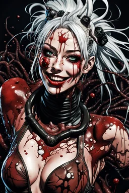 Tank girl, lying pose, his skin turned translucent revealing a network of black veins that extended like roots beneath her epidermis,smiling meanwhile many worms streaming from his mouth, latex suit, highly detailed, fullbody, splashes blood, behind guts rising from the ground, macro photography by <Junji Ito>, darkred tones,