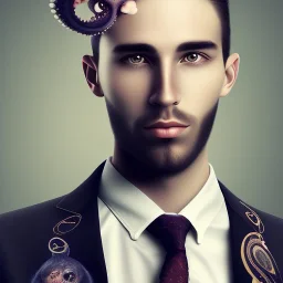 a masculine brunette gay austrian man with octopus plushie on head