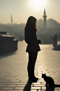 Photo of a brunette woman in silhouette against the light, crouching and caressing a small cat sitting in front of her in Istanbul
