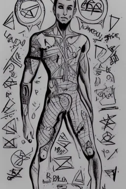 man in full body spandex with runes all over it drawn in marker