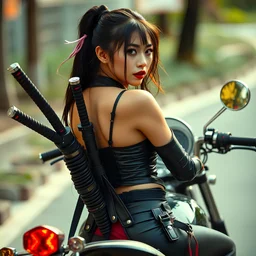 My beautiful asian model cyberpunk motorcycle riding wife with katanas strapped to her back