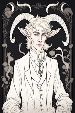 young satyr male albino alchemist with goat horns in the style of Aubrey Beardsley