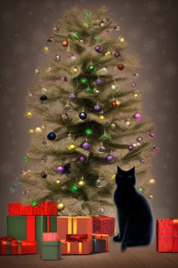 a black cat is decorating a christmas tree in the kitchen