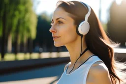 cute brunette woman listening a training in sunshine