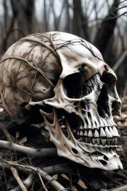 Crânio humano em Caveira um pouco virado para esquerda com galhos secos com poucas folhas