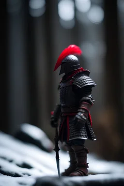 portrait of black knight with red feather in snowy mountain pass in forest,shot on Hasselblad h6d-400c, zeiss prime lens, bokeh like f/0.8, tilt-shift lens 8k, high detail, smooth render, down-light, unreal engine, prize winning