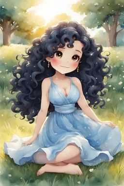 An watercolor image of a chibi black cartoon of a curvaceous woman with flowing of curly twisted of black hair that's highly detailed, wearing a light blue maxi dress. She sits relaxed on the grass facing the warm sunlight, which illuminates her face as she looks to the side with a small smile, accentuating her prominent makeup and brown eyes.