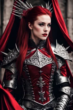 Gorgeous photograph Silver and red fantasy Beautiful Queen Vampire armour, with a red cape, with black and red spikes coming out the back and arms, glowing red eyes, long red hair pony tail coming out,at castle