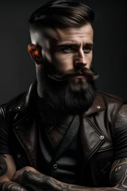tattooed man in leather and beard