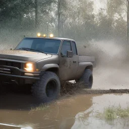 stylized hyperrealistic shot, muddy military nukizer toy truck, monotone color palette, sharp focus, puddle reflection, tire water splash, refraction, mist on the horizon, shadowcast, god rays, detailed and intricate, cinematic composition, micro, tilt shift photography