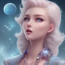 cosmic petit prince belle fine, profil de trois quart, grand front cosmique, peau bleu cristalline, yeux bleu, perle sur le front long cheveux blond et rose etoilé, cristaux sur le corps, collier de grande princesse, levres souriante, très jolie sourire