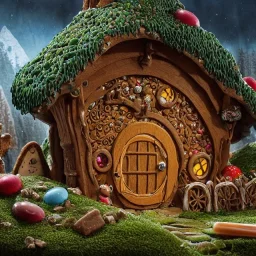 an intricate Hobbit-style gingerbread house with rainbow sprinkles, crushed rock candy, frosting, 8k resolution, centered, high-quality, ultrafine-detail, wide-angle lens, digital art, detailed matte, volumetric lighting, illustration, 3D octane render, brian froud, howard lyon, ben goossens, George Grie, alphonse mucha