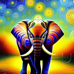 Dibujo al oleo de un elefante indio pintado con muchas nubes de colores estilo Vincent van Gogh