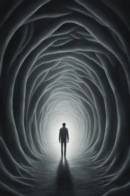 A surreal scene a tunnel-like structure filled with intertwined gray hands , The tunnel is lined with countless writhing aliens bodies, creating a chaotic and nightmarish atmosphere. At the end of the tunnel, a solitary figure walks towards a distant light source, casting a glow that illuminates the scene. The overall color palette is muted with shades enhancing the ominous and unsettling mood. The level of detai