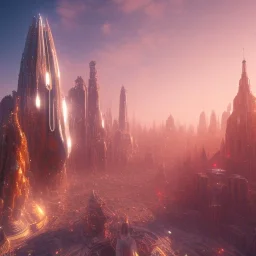 a crystalised transparent futuristic city suspended in the air, gold, diamonds, lightbeams, sunny atmosphere, realistic, unreal engine, 8k. Cinematic lighting, octane render.