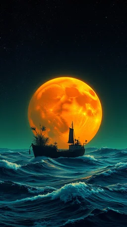 Orange moon landscape on green planet, space meteorites, stars in the night sky, fantasy plants on a a msn in small boat lost in the ocean split toning effect, subsurface gaussian scattering, dark fantasy, photorealistic image, ultra-details, ocean with high waves