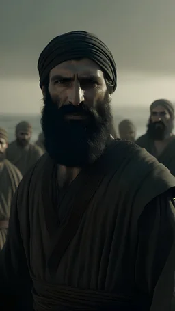 Imagine a scene of a big arabic Muslim man surrounded by a hill of his soldiers, not looking to the camera, short black beard, big nice face, addressing his soldiers near the seashore, burning, burning ships, light black clothing, historical war clothing, large focus, great features, high quality, high detail, 4k, detailed textures.