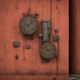 african portrait in rusted clocks, rust, scaffolding, perfect face, high detail