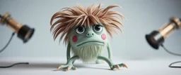 close up portrait of hairy fluffy polymer clay cute worried monster with long sleek limbs and with studio lights