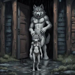 fantasy digital art of crying young female anthro wolf in gray hairy wolf body and wears just a short canvas rag around her waist , sadly crying face stands in the rain front the door, behind her an tall anthro dark hairy wolf man standing behind in rustic halb open door in an massive wooden house, deep colors, rainy day, detailed, anthropomorphic creatures, fantasy, sci-fi mood