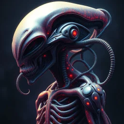 Neon hallucinary nyctophobic alien anatomy, abstract surreal horror, by H.R. Giger and Arthur Secunda and Anton Semenov, acid wash mind-bending illustration, dark shine burn, anatomical schematic cutaway guided by N(t)=N0​⋅e−kt