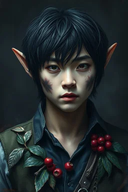 Create a chilling and unsettling close-up photograph of a 20-year-old elf with Asian features and black hair. He is dressed in a vest made of leaves, branches, and berries. His face is transforming into that of a wolf. The image should be executed with coarse brushstrokes against a dark, gloomy background, enhancing the atmosphere of horror and anxiety. Pay special attention to the makeup smudges around the eyes, on the nose, and around the mouth, which add an extra layer of unease to the scene.