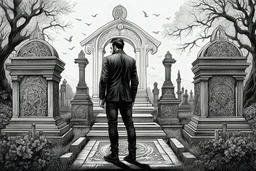 Man standing a front of grave of Cemetery in 8k tattoo drawing style, intricate details, highly detailed, high details, detailed portrait, masterpiece,ultra detailed, ultra quality