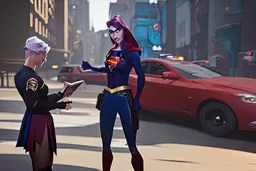 Supergirl being fined with a ticket by a street policeman.