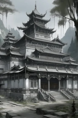 A gray monastery made out if steel painted by Cai Jia