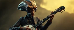 alien hill billy boss with a banjo In the style of Rembrandt,Background blur. Movie poster. Wild look.