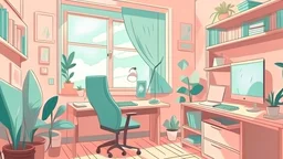 a tidy and cozy office with soft colors in a cartoon style