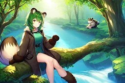 Girl, green hair, raccoon tail, raccoon paws in hand, raccoon paws in foot, forest, river, sit on tree, coat on neck, with tongue out,