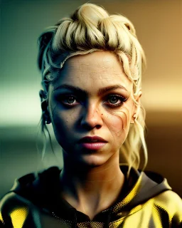 portrait, Shakira, blonde artist, angry, Realistic image, hoodie, fight pose, make-up make-up, gold line make-up, sweat, fog, goddess style, Neon colors, leds. Black background, photo studio, concept art, smooth, unreal engine 5, god lights, ray tracing, RTX, lumen lighting, ultra detail, volumetric lighting, 3d, finely drawn, high definition, 4k.